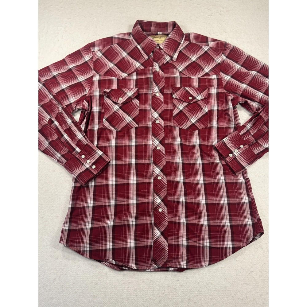 Wrangler Wrancher Western Shirt Mens M Red Plaid Long Sleeve Cowboy Pearl Snap